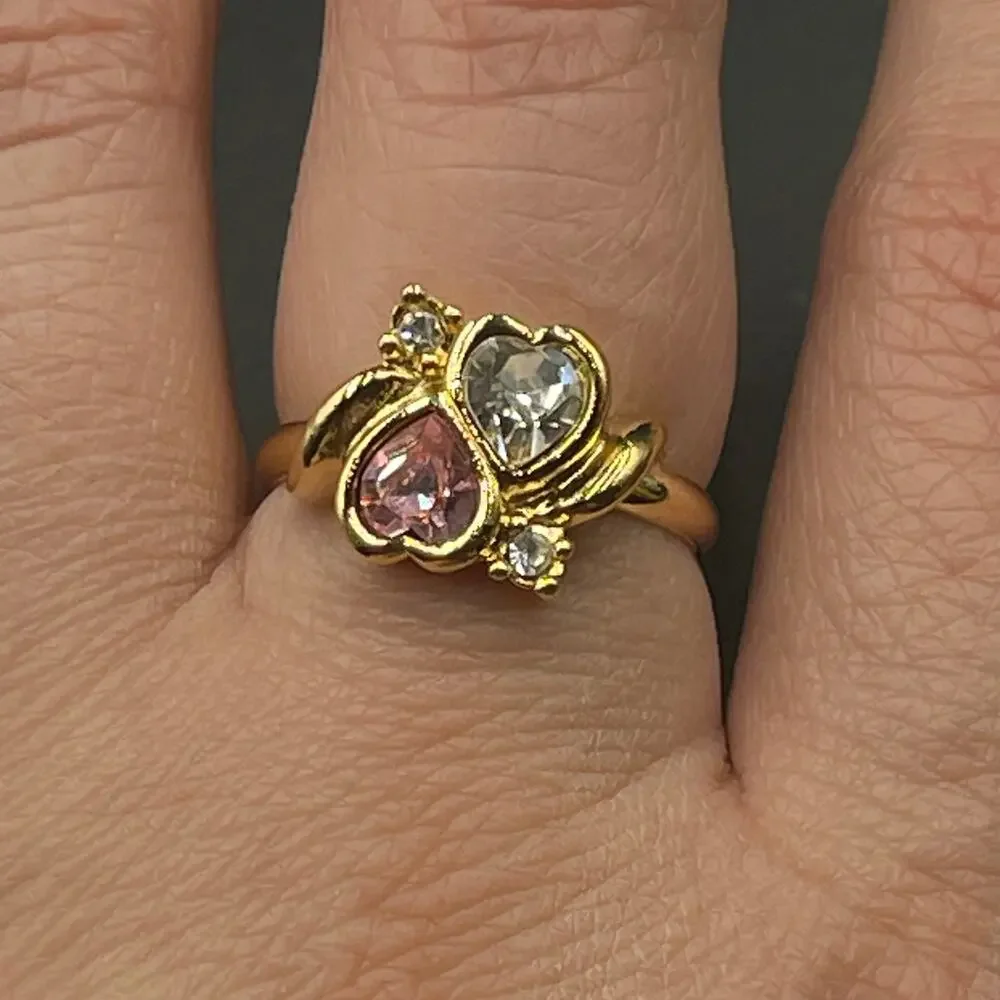 Double Hearts CZ Pink and Clear Rhinestone Ring in Gift Box Size 8 Vtg Avon